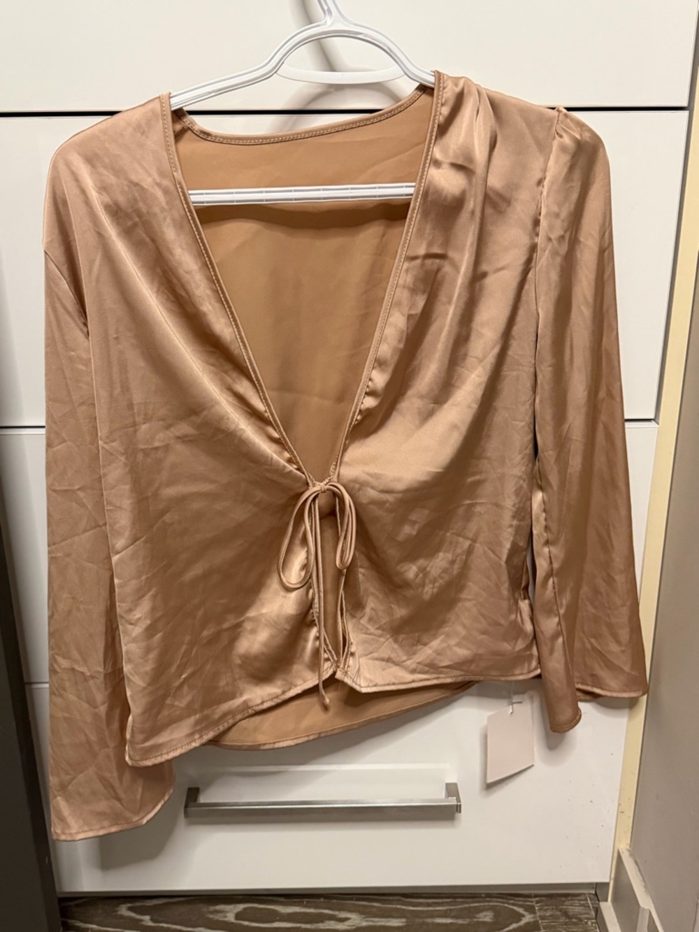 Satin Tie-Front Blouse in Nude Taupe